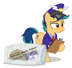 Size: 5500x5200 | Tagged: safe, artist:gypsykumquat, imported from derpibooru, twilight sparkle, oc, oc only, oc:blue fire, earth pony, pony, .svg available, absurd resolution, bag, bdsm, body pillow, bondage, clipboard, clothes, crown, delivery, earth pony oc, female, hat, inkscape, jewelry, mailbag, mailmare, mailmare hat, mailmare uniform, mailpony, mailpony uniform, package, pillow, plastic bag, regalia, rope, rope bondage, show accurate, simple background, solo, svg, text, transparent background, uniform, uniform hat, vector