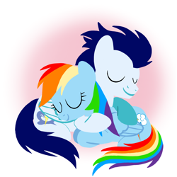 Size: 1400x1400 | Tagged: safe, artist:mlplary6, imported from derpibooru, rainbow dash, soarin', pegasus, pony, boyfriend and girlfriend, female, hug, lying down, male, mare, shipping, sleeping, smiling, soarindash, stallion, straight