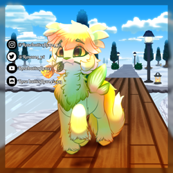 Size: 1500x1500 | Tagged: safe, artist:rose014_yt, artist:rosebutterfly014, artist:rosebutterfly014_yt, imported from derpibooru, oc, hybrid, original species, pony, butterfly wings, chest fluff, fluffy, green eyes, orange tulip, original character do not steal, snow, solo, sunshine, wings, yellow hair