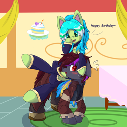 Size: 3000x3000 | Tagged: safe, artist:dreamoonight, derpibooru exclusive, imported from derpibooru, oc, oc only, oc:d'na, oc:skywalk shadow, earth pony, pony, birthday, birthday cake, blue mane, blushing, brown mane, cake, carpet, clothes, desk, duo, earth pony oc, female, food, green eyes, green skin, grey skin, hoof shoes, looking at someone, male, multicolored hair, ponytails, red eyes, riding, riding a pony, socks, text