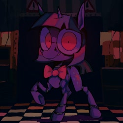 Size: 1080x1080 | Tagged: safe, artist:deviledlobster, imported from derpibooru, twilight sparkle, pony, unicorn, animatronic, bowtie, crossover, five nights at freddy's, looking at you, solo, unicorn twilight