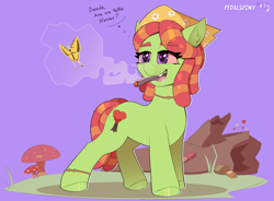 Size: 3800x2800 | Tagged: safe, artist:pedalspony, imported from derpibooru, tree hugger, butterfly, earth pony, pony, anklet, blunt, bracelet, dialogue, drugs, female, high, jewelry, mare, marijuana, mushroom, necklace, smoking