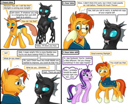 Size: 1280x1043 | Tagged: safe, artist:termyotter, imported from derpibooru, starlight glimmer, sunburst, thorax, changedling, changeling, pony, unicorn, 4 panel comic, atg 2023, changedlingified, changelingified, comic, dialogue, disguise, disguised changeling, grin, handsome, newbie artist training grounds, open mouth, shapeshifting, simple background, smiling, species swap, speech bubble, thought bubble, white background