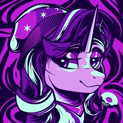 Size: 3600x3600 | Tagged: safe, artist:poxy_boxy, imported from derpibooru, starlight glimmer, pony, unicorn, abstract background, beanie, bust, clothes, commission, equestria girls outfit, female, hat, lidded eyes, limited palette, mare, smiling, solo