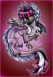 Size: 580x848 | Tagged: safe, artist:sogwoggy, imported from derpibooru, draconequus, claws, dragon wings, fangs, feathered wings, fusion, fusion:discord, fusion:twilight sparkle, implied discord, implied twilight sparkle, red background, simple background, solo, wings