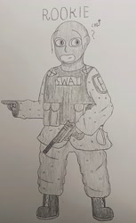 Size: 2756x4516 | Tagged: safe, artist:cap_watching, imported from derpibooru, human, gun, handgun, pencil drawing, pistol, police, silencer, swat, traditional art, weapon