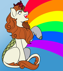 Size: 1400x1572 | Tagged: safe, artist:dononny, imported from derpibooru, autumn blaze, kirin, fangs, februpony, female, gradient background, looking up, open mouth, open smile, rainbow, raised hoof, sitting, smiling, solo