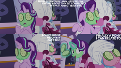 Size: 2000x1125 | Tagged: safe, edit, edited screencap, editor:quoterific, imported from derpibooru, screencap, starlight glimmer, trixie, no second prances, cucumber, food, mud mask