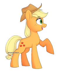 Size: 1200x1483 | Tagged: safe, artist:handgunboi, imported from derpibooru, applejack, earth pony, pony, applejack's hat, cowboy hat, female, happy, hat, mare, raised hoof, side view, signature, simple background, solo, white background