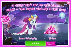 Size: 1960x1300 | Tagged: safe, idw, imported from derpibooru, rarity, pony, unicorn, advertisement, costs real money, crown, english, female, gameloft, gem, horn, idw showified, jewelry, mantle, mare, mobile game, my little pony: magic princess, numbers, official, regalia, sale, solo, solo focus, text