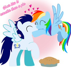 Size: 1400x1400 | Tagged: safe, artist:mlplary6, imported from derpibooru, rainbow dash, soarin', pegasus, pony, eyes closed, female, flying, food, heart, kiss on the lips, kissing, love, male, mare, pie, shipping, soarindash, stallion, straight, text