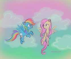 Size: 1280x1073 | Tagged: safe, artist:flutterberrypie, imported from derpibooru, fluttershy, rainbow dash, pegasus, pony, blushing, cloud, cute, excited, female, flutterdash, flying, green sky, hooves up, lesbian, looking at each other, looking at someone, open mouth, pink sky, shipping, shyabetes, sky, smiling, spread wings, wings