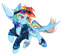 Size: 2048x1799 | Tagged: safe, artist:7hundredt, imported from derpibooru, rainbow dash, pegasus, clothes, female, flying, goggles, jacket, leather, leather jacket, mare, simple background, solo, white background