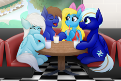 Size: 5400x3600 | Tagged: safe, artist:feather_bloom, imported from derpibooru, oc, oc:blue skies, oc:cuteamena, oc:electric blue, oc:feather bloom, earth pony, pegasus, pony, booth, bow, clothes, couples, detailed background, diner, double date, drink, drinking, hair bow, laughing, restaurant, shading, socks, table, window