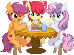 Size: 8536x6321 | Tagged: safe, artist:cyanlightning, imported from derpibooru, apple bloom, scootaloo, sweetie belle, earth pony, pegasus, pony, unicorn, .svg available, absurd resolution, apple bloom's bow, bow, chair, chest fluff, cupcake, drink, drinking, eating, female, filly, foal, food, hair bow, milkshake, open mouth, simple background, sitting, soda, table, tongue out, transparent background, vector