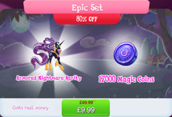 Size: 1267x860 | Tagged: safe, idw, imported from derpibooru, nightmare rarity, pony, unicorn, armor, bundle, costs real money, english, female, gameloft, helmet, horn, idw showified, magic coins, mare, mobile game, my little pony: magic princess, numbers, official, sale, solo, solo focus, text