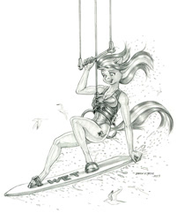 Size: 1100x1371 | Tagged: safe, artist:baron engel, imported from derpibooru, starlight glimmer, anthro, unguligrade anthro, unicorn, clothes, female, kite, kiteboarding, mare, monochrome, one-piece swimsuit, surfboard, swimsuit, that pony sure does love kites