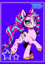 Size: 1448x2048 | Tagged: safe, artist:stacy_165cut, imported from derpibooru, oc, oc only, pony, unicorn, grin, looking at you, raised hoof, raised leg, simple background, smiling, solo, stars, tail