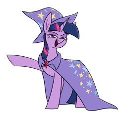 Size: 1229x1147 | Tagged: safe, artist:moonatik, imported from derpibooru, twilight sparkle, unicorn, accessory swap, cape, clothes, female, hat, mare, simple background, smug, solo, the great and powerful, transparent background, trixie's cape, trixie's hat, unicorn twilight