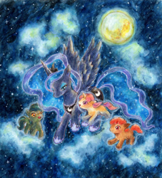 Size: 2182x2406 | Tagged: safe, artist:yuzumiso, imported from derpibooru, princess luna, alicorn, earth pony, pegasus, pony, unicorn, children of the night, cloud, flying, foal, full moon, high res, moon, night, stars, traditional art, watercolor painting