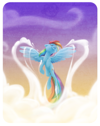 Size: 1269x1600 | Tagged: safe, artist:kiki-kit, imported from derpibooru, rainbow dash, pegasus, pony, cloud, cloudy, cute, dashabetes, eyes closed, female, flying, grin, mare, sky, smiling, solo, spread wings, wings