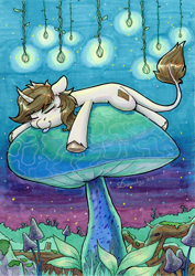 Size: 1471x2076 | Tagged: safe, artist:dandy, imported from derpibooru, oc, oc only, oc:door, original species, art trade, bioluminescent, copic, curved horn, eyes closed, forest, giant mushroom, horn, kirin pony hybrid, leaves, lying down, mushroom, prone, sleeping, solo, sploot, tongue out, traditional art, unshorn fetlocks