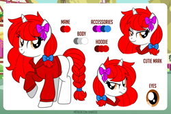 Size: 1100x732 | Tagged: safe, artist:jennieoo, imported from derpibooru, oc, alicorn, pony, bow, braid, clothes, commission, hair bow, hoodie, looking at you, reference, reference sheet, simple background, smiling, smiling at you, smug, solo, suspicious, tail