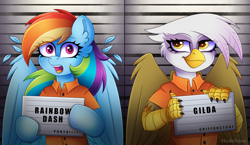 Size: 4200x2431 | Tagged: safe, artist:madelinne, imported from derpibooru, gilda, rainbow dash, griffon, pegasus, pony, duo, halfbody, jail, smiling, surprised