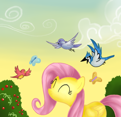 Size: 800x772 | Tagged: safe, artist:ricky125, imported from derpibooru, fluttershy, bird, blue jay, butterfly, pegasus, pony, ^^, eyes closed, female, mare, smiling, solo, standing