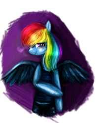 Size: 538x688 | Tagged: safe, artist:ricky125, imported from derpibooru, rainbow dash, pegasus, semi-anthro, clothes, female, mare, pants, shy, solo, spread wings, tanktop, wings