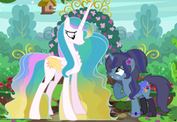 Size: 4808x3328 | Tagged: safe, artist:connor-rk800-343, artist:savannah-london, imported from derpibooru, princess celestia, oc, oc:savannah london, alicorn, pony, unicorn, absurd resolution, alternate hairstyle, artificial wings, augmented, base used, bisexual pride flag, blushing, bracelet, canon x oc, celestia day, chest fluff, clothes, colored wings, cute, duo, duo female, female, flower, flower in hair, folded wings, grin, horn, jewelry, lesbian, lightly watermarked, looking at each other, looking at someone, magic, magic wings, mare, missing accessory, pride, pride flag, raised hoof, raised leg, savannahlestia, shipping, shipping fuel, shoes, smiling, smiling at each other, unicorn oc, watermark, wings