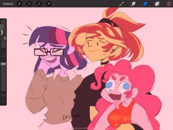 Size: 1440x1080 | Tagged: safe, artist:dreamz, imported from derpibooru, pinkie pie, sci-twi, sunset shimmer, twilight sparkle, human, equestria girls, black nail polish, choker, ear piercing, glasses, laughing, piercing, question mark, trio