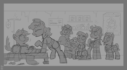 Size: 3600x2000 | Tagged: safe, artist:php104, imported from derpibooru, oc, oc only, oc:calamity, oc:candi, oc:littlepip, oc:railright, earth pony, pegasus, pony, unicorn, fallout equestria, bed, hat, ministry of peace, monochrome, nurse, pillow, sketch