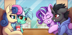 Size: 1415x684 | Tagged: safe, artist:zeepheru_pone, imported from derpibooru, bon bon, king sombra, lyra heartstrings, starlight glimmer, sweetie drops, earth pony, pony, unicorn, blushing, cheek fluff, chest fluff, clothes, drink, drinking, drinking straw, ear fluff, eyes closed, female, hug, looking at someone, male, mare, restaurant, smiling, stallion, sweater, table, window