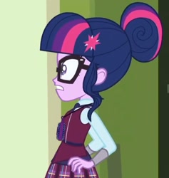 Size: 1114x1175 | Tagged: safe, imported from derpibooru, screencap, sci-twi, twilight sparkle, human, equestria girls, friendship games, canterlot high, clothes, cropped, crystal prep academy uniform, glasses, gritted teeth, hair bun, hallway, lockers, magic capture device, necktie, school, school uniform, schoolgirl, solo, teeth