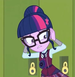 Size: 1145x1175 | Tagged: safe, imported from derpibooru, screencap, sci-twi, twilight sparkle, human, equestria girls, friendship games, canterlot high, clothes, crystal prep academy uniform, hair bun, hallway, lockers, magic capture device, necktie, running, scared, school, school uniform, schoolgirl, solo