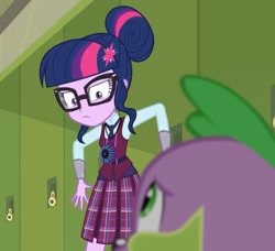 Size: 1251x1143 | Tagged: safe, imported from derpibooru, screencap, sci-twi, spike, spike the regular dog, twilight sparkle, dog, human, equestria girls, friendship games, canterlot high, clothes, crystal prep academy uniform, female, glasses, hair bun, hallway, lockers, magic capture device, necktie, school, school uniform, schoolgirl, unsure