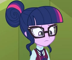 Size: 1399x1177 | Tagged: safe, imported from derpibooru, screencap, sci-twi, twilight sparkle, human, equestria girls, friendship games, canterlot high, clothes, crystal prep academy uniform, female, glasses, hair bun, lockers, magic capture device, necktie, school, school uniform, schoolgirl, solo, unsure