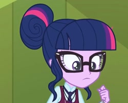 Size: 1454x1172 | Tagged: safe, imported from derpibooru, screencap, sci-twi, twilight sparkle, human, equestria girls, friendship games, clothes, crystal prep academy uniform, female, glasses, hair bun, hallway, lockers, magic capture device, necktie, school, school uniform, schoolgirl, solo