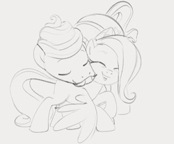 Size: 1028x855 | Tagged: safe, artist:dotkwa, imported from derpibooru, fluttershy, gentle breeze, pegasus, pony, cute, daaaaaaaaaaaw, duo, eyes closed, father and child, father and daughter, father's day, female, filly, filly fluttershy, foal, gray background, grayscale, hug, male, monochrome, simple background, sketch, younger