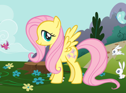 Size: 570x420 | Tagged: safe, imported from derpibooru, fluttershy, bird, pegasus, pony, rabbit, animal, female, flower, hubworld, mare, official, solo, spread wings, stock vector, tree stump, wings