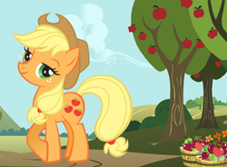 Size: 570x420 | Tagged: safe, imported from derpibooru, applejack, earth pony, pony, apple, apple basket, female, food, hubworld, mare, official, solo, stock vector, sweet apple acres