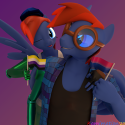 Size: 2048x2048 | Tagged: safe, artist:kamimation, imported from derpibooru, oc, oc only, oc:kam pastel, anthro, pegasus, 3d, 3d model, amputee, bisexual, bisexual male, bisexual pride flag, blender, clothes, flannel, folded wings, goggles, looking at you, nonbinary, one eye closed, pride, pride flag, pride month, prosthetic limb, prosthetics, self paradox, self ponidox, selfcest, shipping, simple background, smiling, smirk, spread wings, tongue out, watermark, wings, wink, winking at you