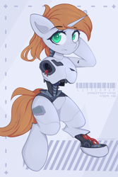 Size: 4000x6000 | Tagged: safe, artist:stravy_vox, imported from derpibooru, oc, oc only, oc:littlepip, pony, robot, robot pony, unicorn, fallout equestria, abstract background, amputee, female, looking at you, prosthetic leg, prosthetic limb, prosthetics, solo
