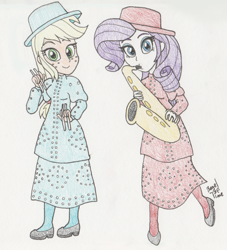 Size: 1272x1400 | Tagged: safe, artist:bageloftime, imported from derpibooru, applejack, rarity, human, equestria girls, clothes, dress, duo, female, hat, humanized, long dress, long skirt, musical instrument, pearly band, saxophone, skirt