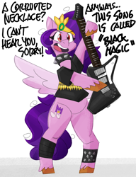 Size: 2000x2600 | Tagged: safe, artist:flutterthrash, imported from derpibooru, pipp petals, pegasus, pony, spoiler:g5, spoiler:my little pony: tell your tale, spoiler:tyts01e53, as the misty clears, bipedal, bullet belt, choker, electric guitar, female, g5, guitar, heavy metal, heavy metal pipp, mare, metal as fuck, musical instrument, my little pony, my little pony: tell your tale, red eyes, red-eyed pipp, solo, spiked choker