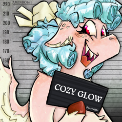 Size: 1500x1500 | Tagged: safe, artist:amendokat, imported from derpibooru, cozy glow, pegasus, pony, barbie mugshot meme, bow, female, freckles, hair bow, hoof hold, magnetic hooves, meme, mugshot, older, older cozy glow, open mouth, open smile, sharp teeth, smiling, solo, teeth