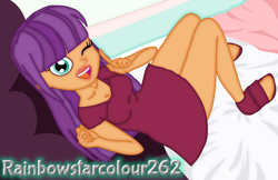 Size: 2460x1592 | Tagged: safe, artist:rainbowstarcolour262, imported from derpibooru, ginger owlseye, human, equestria girls, breasts, busty ginger owlseye, cleavage, clothes, cute, dress, female, lipstick, looking at you, one eye closed, open mouth, open smile, open-toed shoes, owlabetes, shoes, signature, sitting, smiling, solo, wink, winking at you
