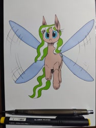 Size: 1200x1600 | Tagged: safe, artist:darkhestur, imported from derpibooru, oc, oc only, oc:dustlight, flutter pony, female, flying, looking at you, mare, marker drawing, simple background, solo, traditional art, transparent wings, white background, wings