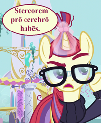 Size: 594x720 | Tagged: safe, edit, edited screencap, imported from derpibooru, screencap, moondancer, amending fences, canterlot, clothes, cropped, glasses, latin, moondancer is not amused, reaction image, sweater, translated in the description, unamused, vulgar